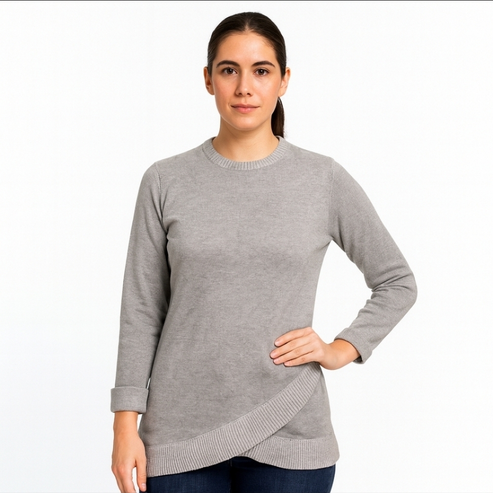 Tahari Asymmetrical Hem Roll Cuff Knit Sweater Cotton Two Tone Grey S